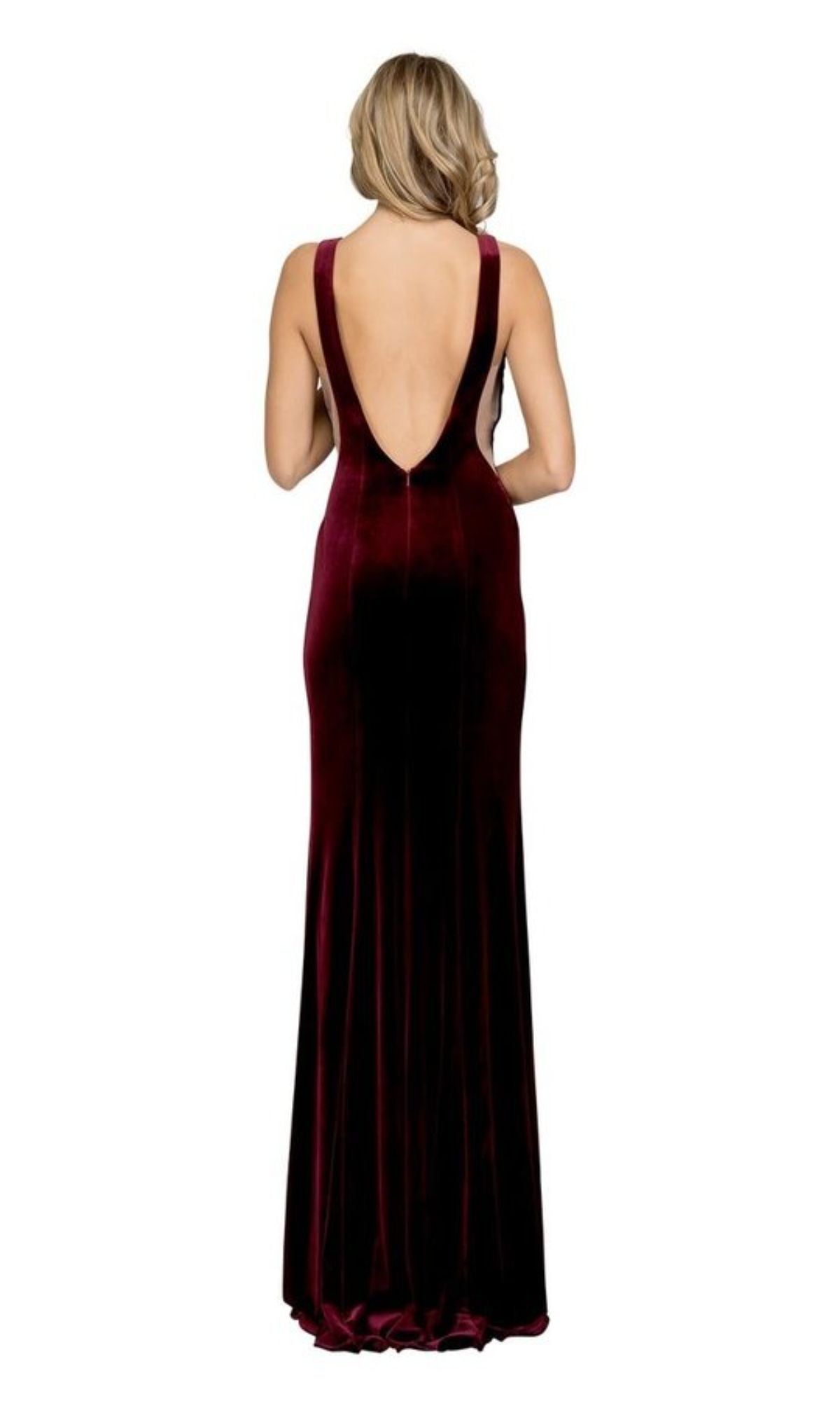 A woman with shoulder-length blonde hair models the Sheer-Sides Long Velvet Prom Dress: Chicas C7052, a sleeveless, floor-length dark red gown, standing against a white background.