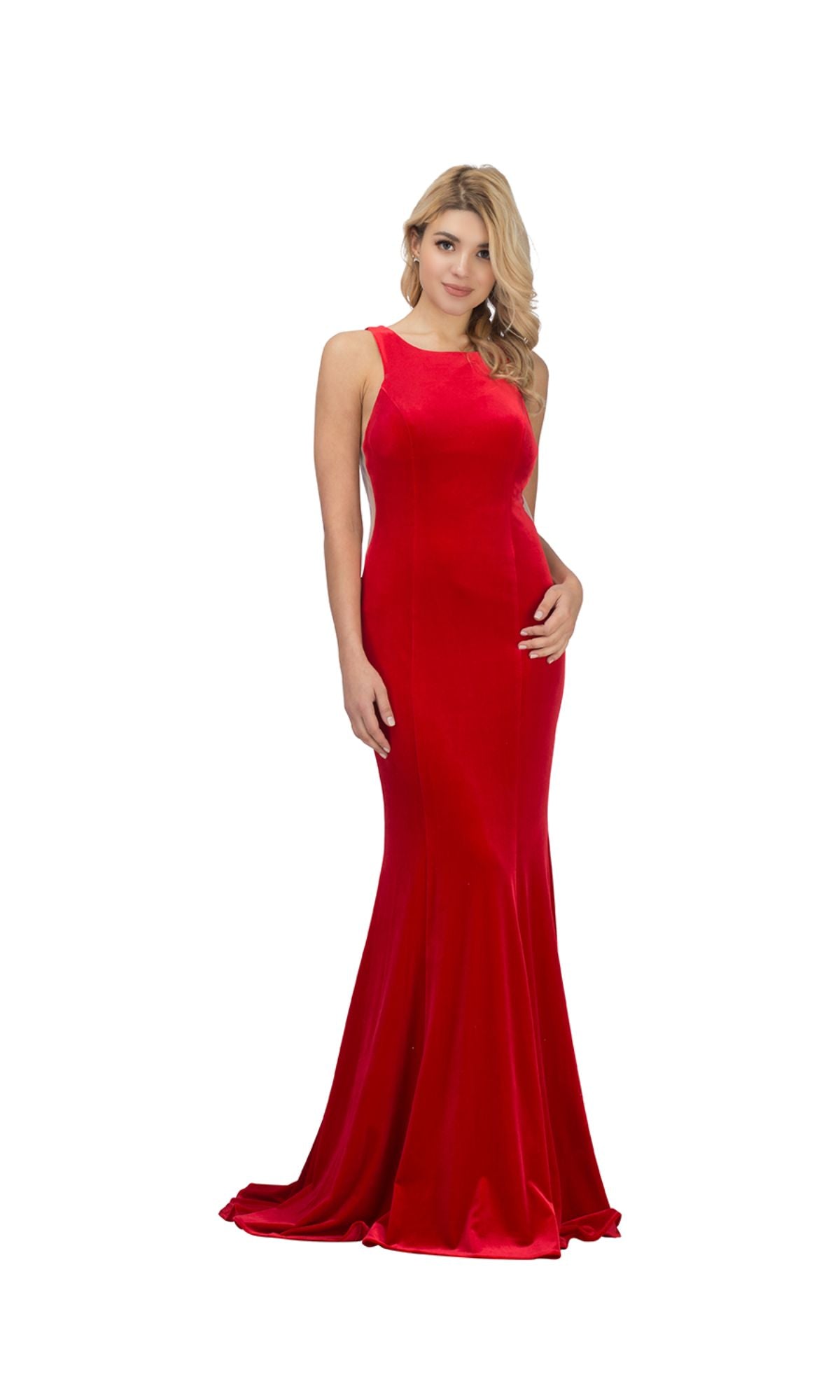 A woman stands against a white background wearing the Sheer-Sides Long Velvet Prom Dress: Chicas C7052, a sleeveless, floor-length red gown with a fitted bodice.