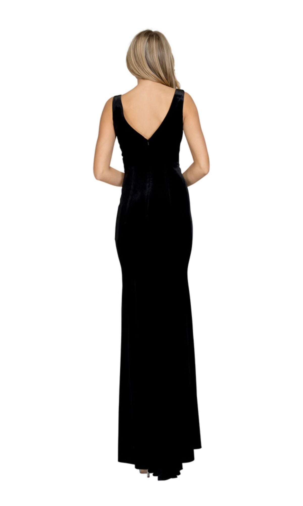 A woman stands facing away, showcasing the Long Sweetheart Velvet Prom Dress: Chicas C7053 with its low V-shaped back and floor-length black velvet hem.