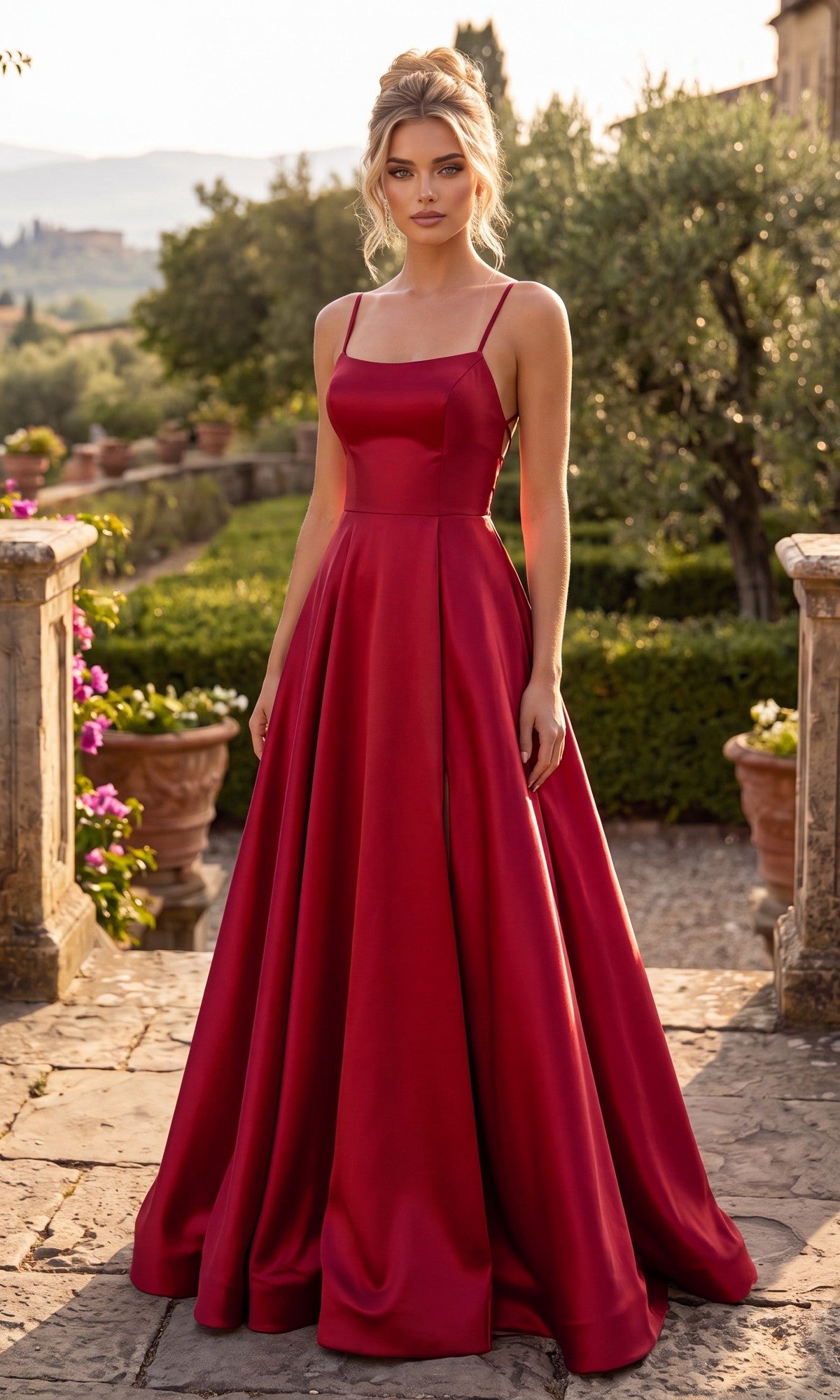 A woman wearing the Long Prom Dress: Chicas C7070 in red stands outdoors on a stone path, surrounded by greenery, potted plants, and distant hills in the background.