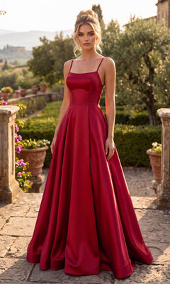 A woman wearing the Long Prom Dress: Chicas C7070 in red stands outdoors on a stone path, surrounded by greenery, potted plants, and distant hills in the background.