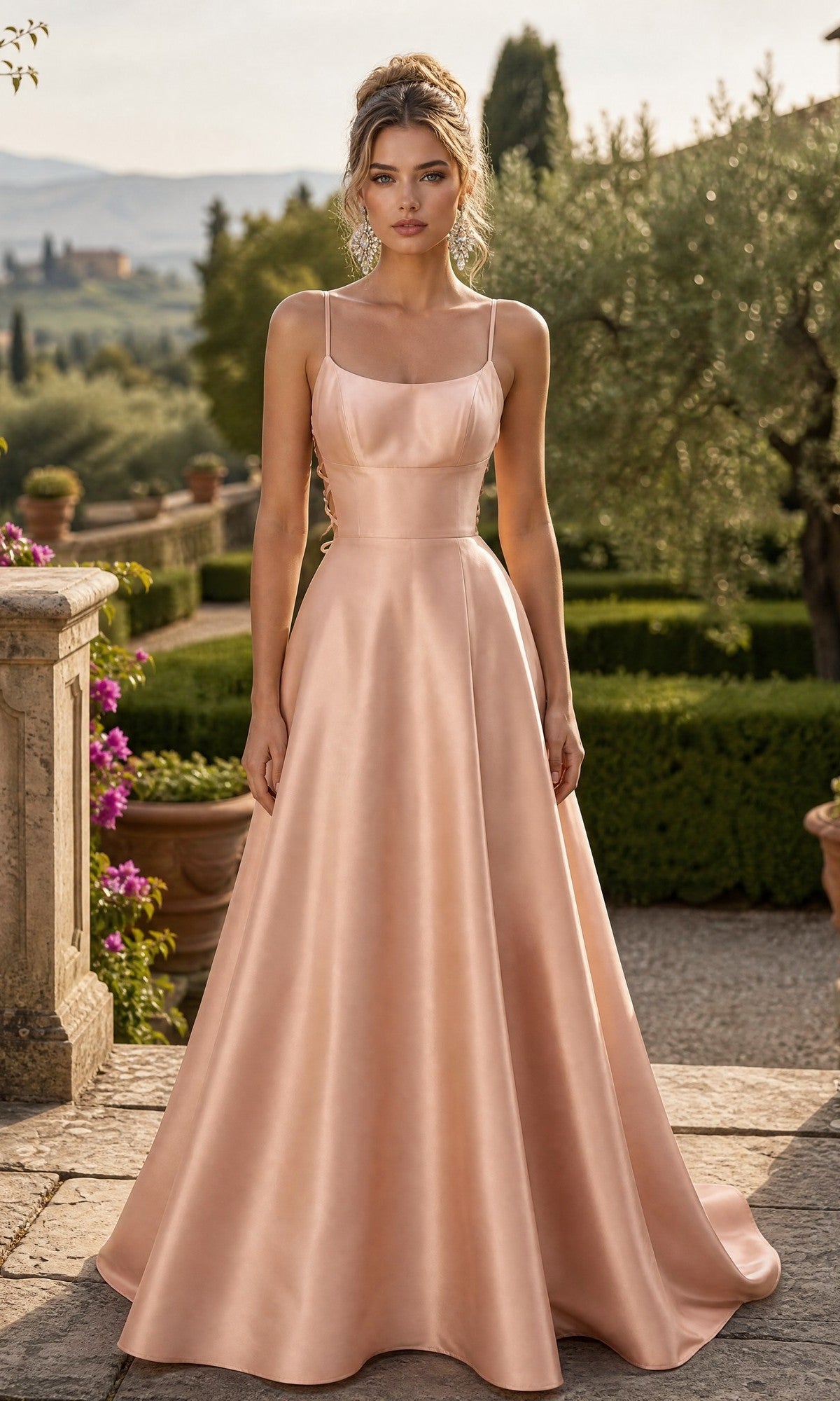 A woman stands outdoors on a stone patio, surrounded by garden greenery and potted flowers, wearing the Long Prom Dress: Chicas C7070 in rose.