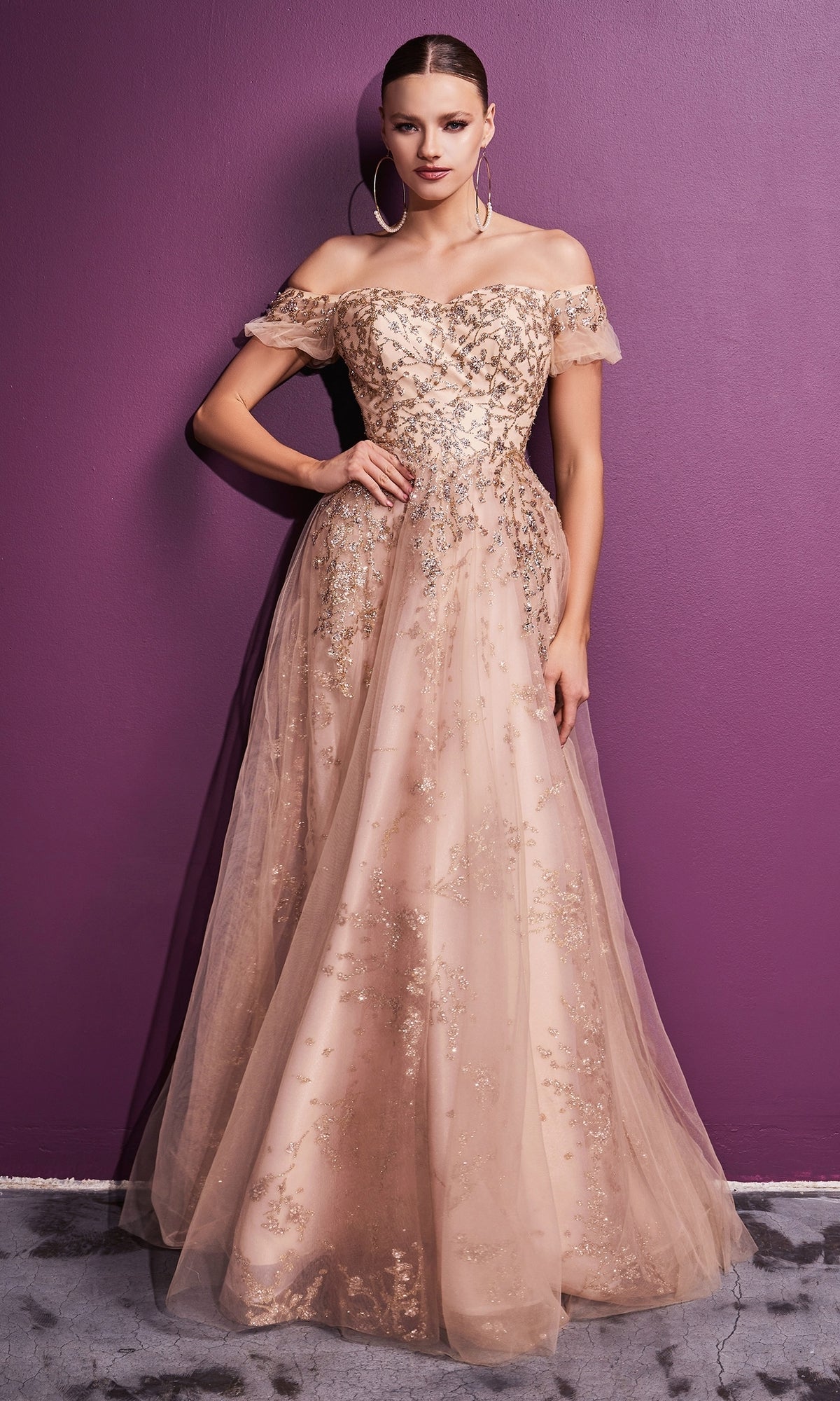 Off-the-Shoulder Gold-Glitter Long Prom Dress C73