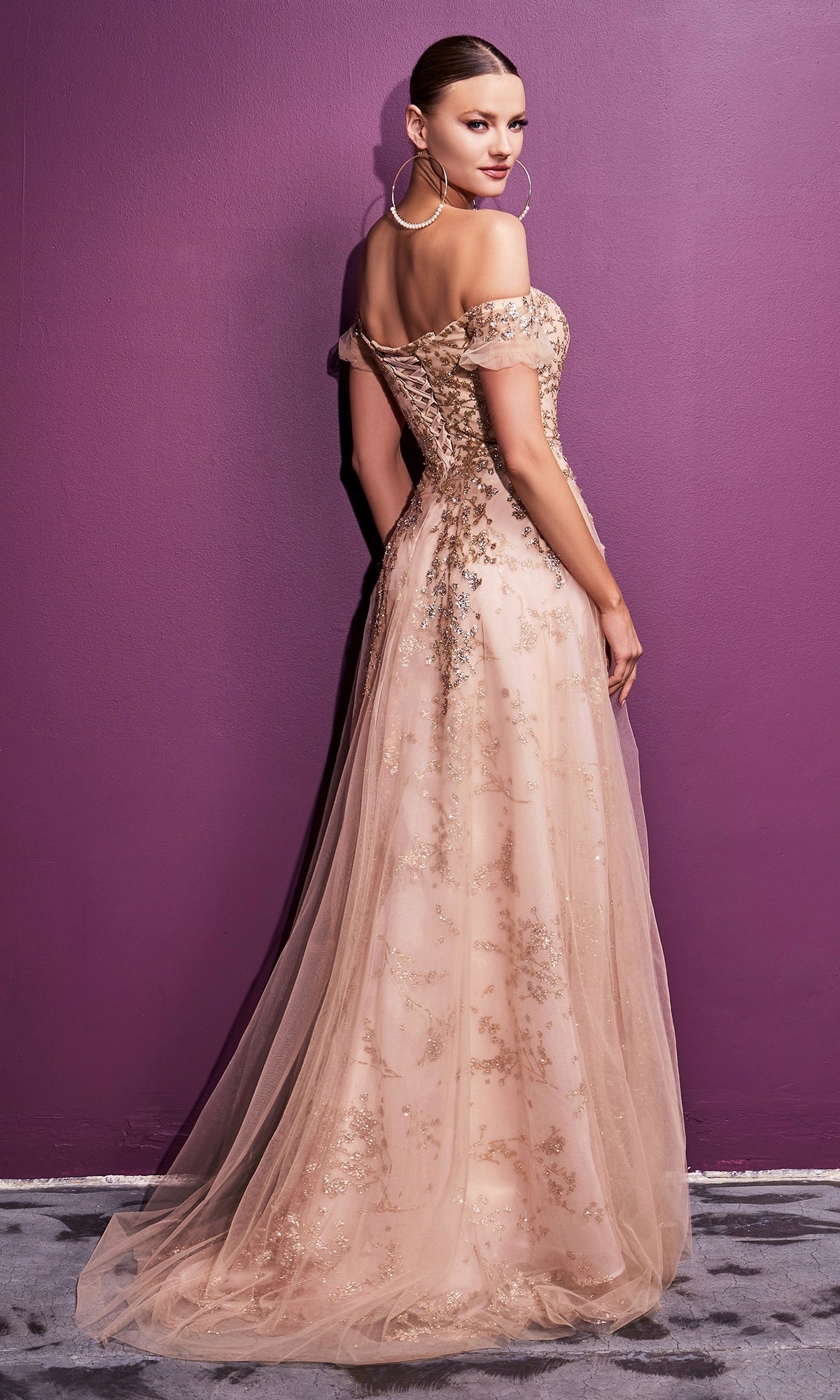 Off-the-Shoulder Gold-Glitter Long Prom Dress C73
