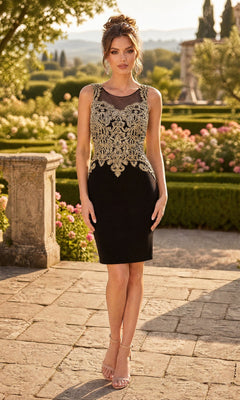 A woman stands outdoors wearing the Chicas C7532 short semi-formal dress in black and gold, featuring intricate gold embroidery. She pairs the sleeveless dress with nude heels and styles her hair in an elegant updo. Manicured gardens and a stone pathway provide a charming backdrop that complements her refined semi-formal look.