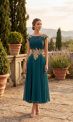 A woman in the Long Formal Dress: Chicas C7542 in green and gold stands outdoors on a stone terrace, surrounded by potted plants and greenery.