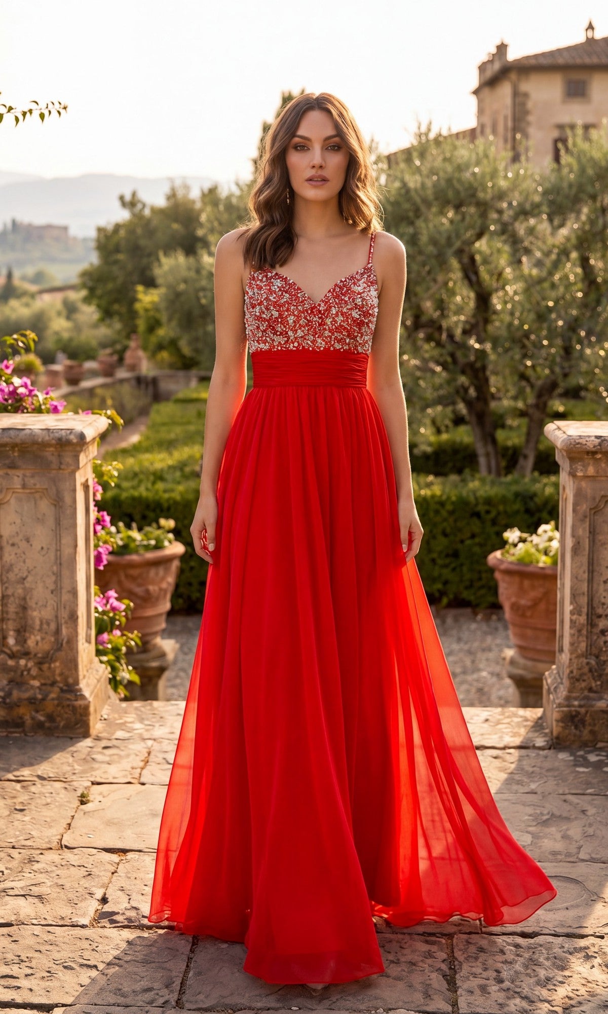 Beaded-Bodice Long Prom Dress with Empire Waist Dark Orange / XLarge