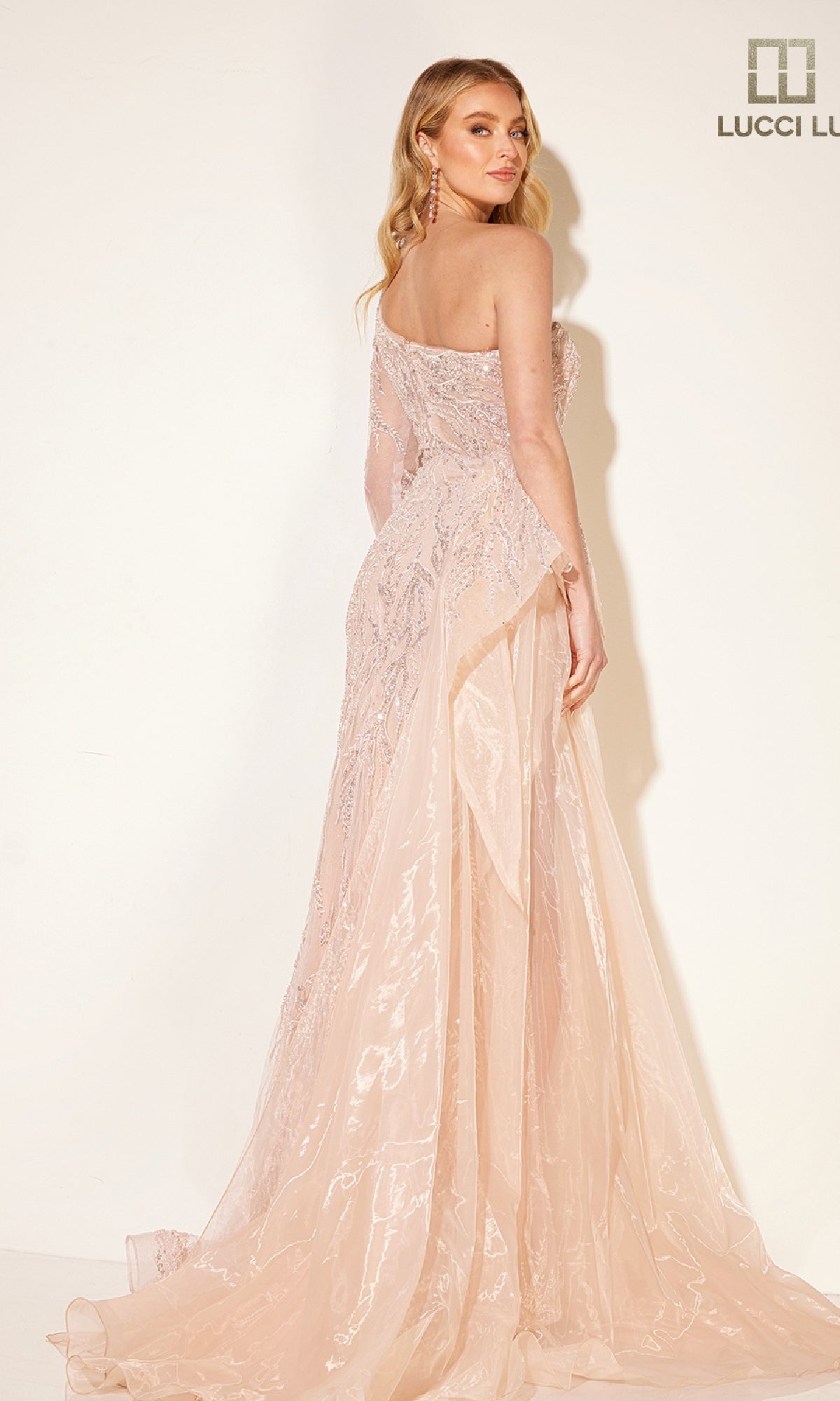 Woman wearing the Sheer One-Sleeve Beaded Formal Dress: Lucci Lu C8036, a light pink, floor-length sequin gown, standing against a plain white background.