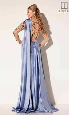 A woman faces away from the camera in the Lucci Lu C8066 long formal dress, featuring periwinkle blue fabric, sheer embroidered back and sleeves, and floral beading, set against a plain background.