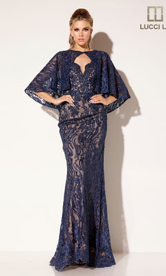 Woman wearing the Lucci Lu C8086 long formal dress in navy blue, featuring a keyhole neckline, flared sleeves, and a fitted mermaid silhouette, standing against a plain light backdrop.