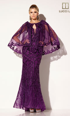 A woman poses against a plain background in the Lucci Lu C8109 long formal dress, adorned with purple beadwork and complemented by a matching sheer capelet.