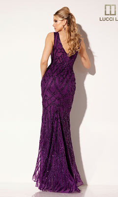 A woman with long, curled blonde hair poses with her back to the camera in the Lucci Lu C8109 sleeveless, floor-length sequined lace formal dress against a white background.