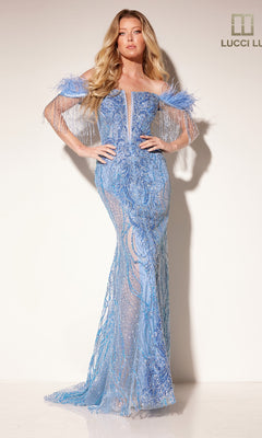 A woman models the Lucci Lu C8119, a light blue long off-the-shoulder pageant dress with sheer panels, sequin embellishments, and feathered sleeves, standing before a plain light background.