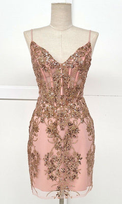 The Sheer-Corset Short Glitter Homecoming Dress C814 is a blush pink sleeveless semi-formal dress with thin straps, gold sequin and bead embellishments, and a fitted silhouette displayed on a dress form.