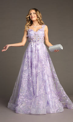 A woman wears the Floral-Print Lace-Up Long Prom Dress: Chicas C818, a floor-length light purple gown with a corset-style bodice, holding a silver clutch against a plain gray background.