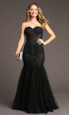 A woman smiles in the Chicas C820 Strapless Long Mermaid Prom Dress, holding a silver clutch against a neutral background.