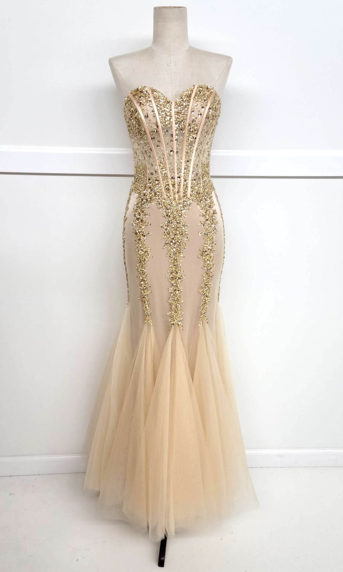 slim fit dress slacks Strapless Long Beaded Prom Dress with Mermaid Skirt Champagne/Gold / XLarge
