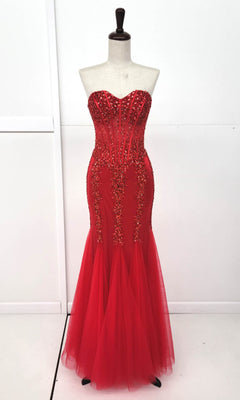 Strapless Long Mermaid Prom Dress: Chicas C820 in vibrant red with beaded embellishments, shown on a dress form against a plain white background.