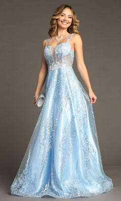 A woman wearing the Chicas C821 Light Blue Long Glitter Prom Dress, featuring a sleeveless corset bodice with sheer and sequin details, holds a white clutch against a plain background.