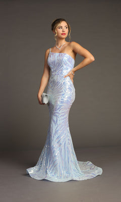 Woman in a Sequin-Print One-Shoulder Prom Dress: Chicas C823, holding a silver clutch and posing against a plain gray background—a dazzling option for any special occasion or formal event.