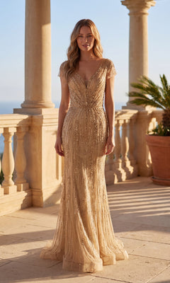 On a sunlit terrace, a woman wears the Chicas C832 long formal dress in gold, featuring beaded details, sheer cap sleeves, and a deep V-neckline.