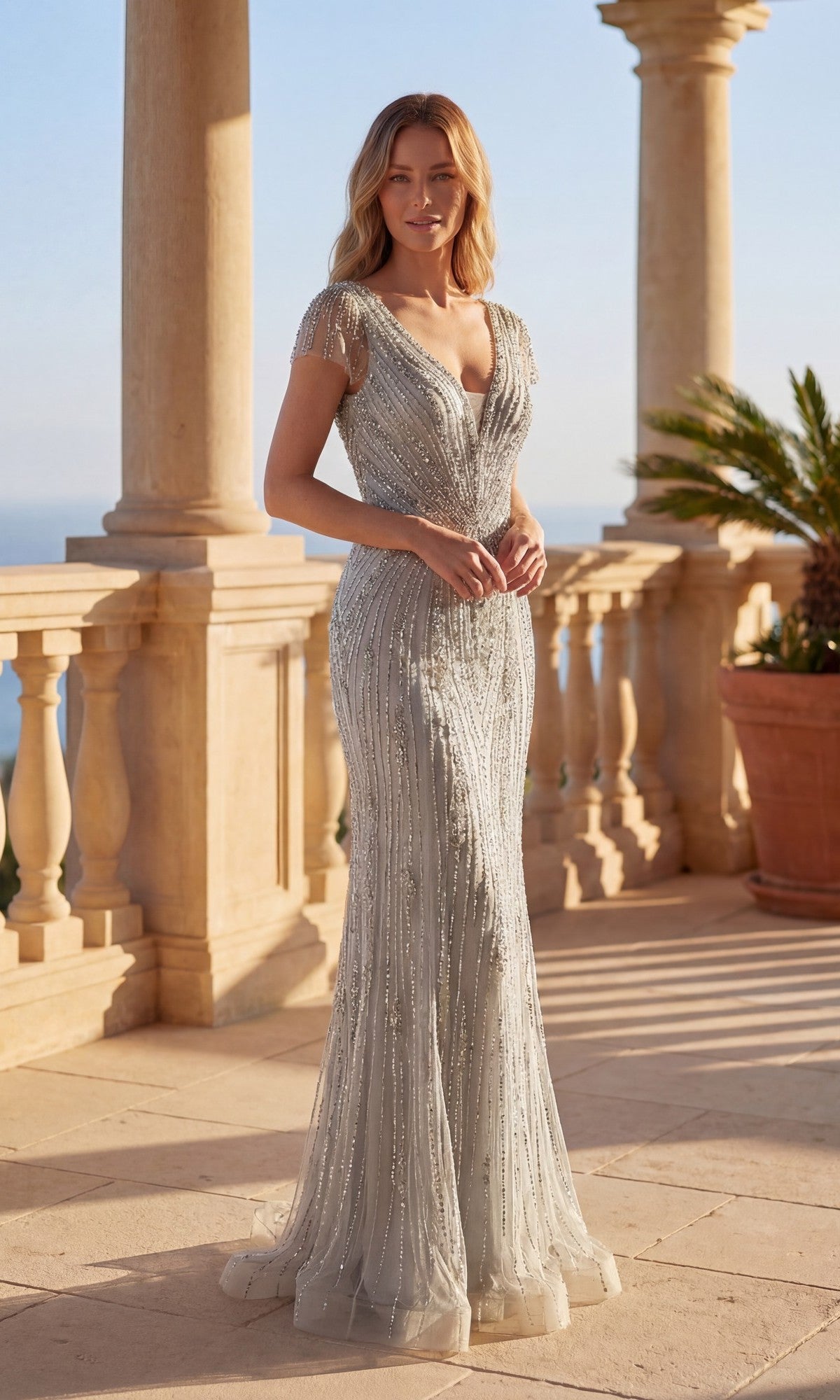 V-Back Long Beaded Formal Dress with Short Sleeves Gold / XLarge