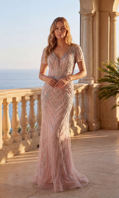On a balcony with stone columns and a sea view, a woman wears the Chicas C845 long formal dress in Silver/Blush, featuring an embellished v-neckline, silver bead detailing, short sleeves, and a floor-length design.