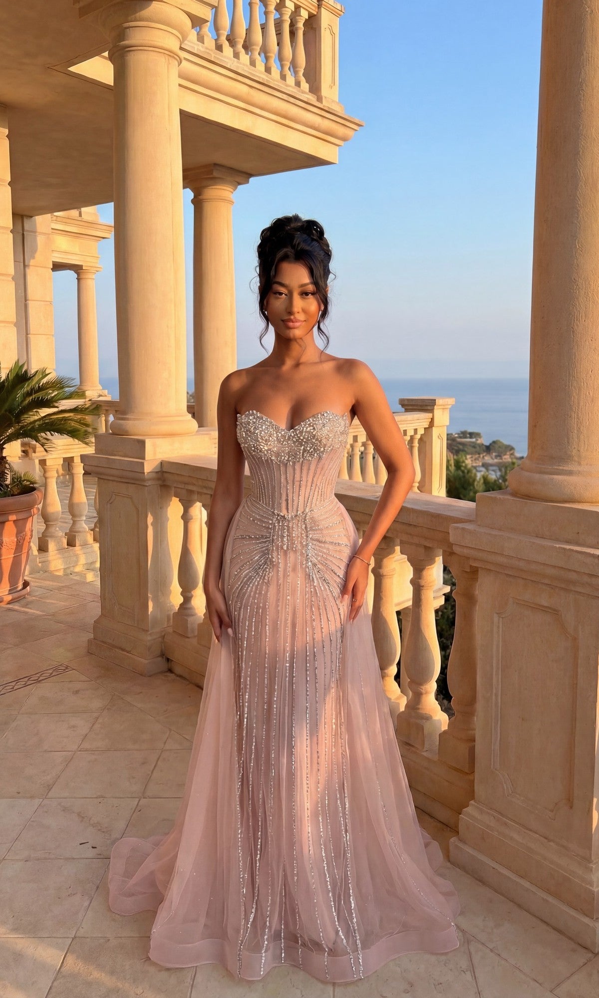 A woman in the Chicas C846 long formal dress in rose/silver, featuring jewel rhinestones and a flowing tulle overskirt, stands on a balcony with classical columns overlooking a sunset coastal landscape.