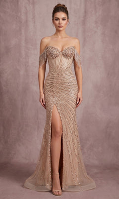 A woman wears the Chicas C847 long formal dress, an off-the-shoulder evening gown with nude beads and a thigh-high slit, posing against a mauve backdrop.