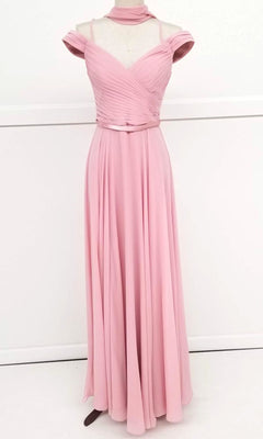 The Long A-Line Off-Shoulder Prom Dress: Chicas C8997, in blush pink with a pleated bodice, flowing A-line skirt, and matching choker, is displayed on a dress form against a plain background.