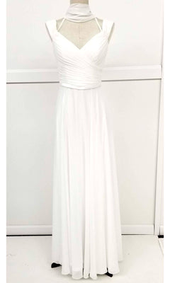 The Long A-Line Off-Shoulder Prom Dress: Chicas C8997, a white floor-length formal gown with a flowy skirt, is displayed on a dress form against a plain background.