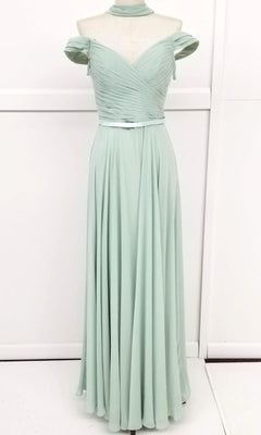 The Chicas C8997 Long A-Line Off-Shoulder Prom Dress features light green pleated bodice, draped sleeves, fitted waist, floor-length skirt, and matching choker—an elegant formal gown for any special occasion.