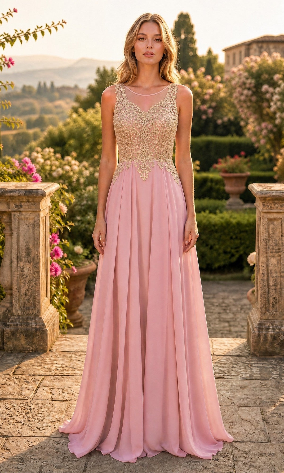 A woman stands outdoors in a garden, surrounded by stone pillars, greenery, and flowers, wearing the Gold-Lace Bodice Long Prom Dress: Chicas C9156 in Rose/Gold—a sleeveless A-line evening gown featuring a gold embroidered lace bodice.