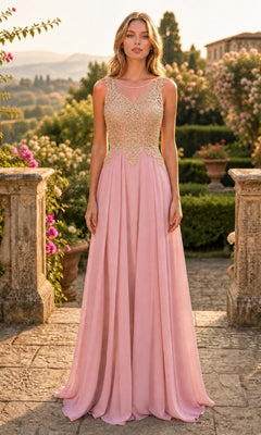 A woman stands outdoors in a garden, surrounded by stone pillars, greenery, and flowers, wearing the Gold-Lace Bodice Long Prom Dress: Chicas C9156 in Rose/Gold—a sleeveless A-line evening gown featuring a gold embroidered lace bodice.