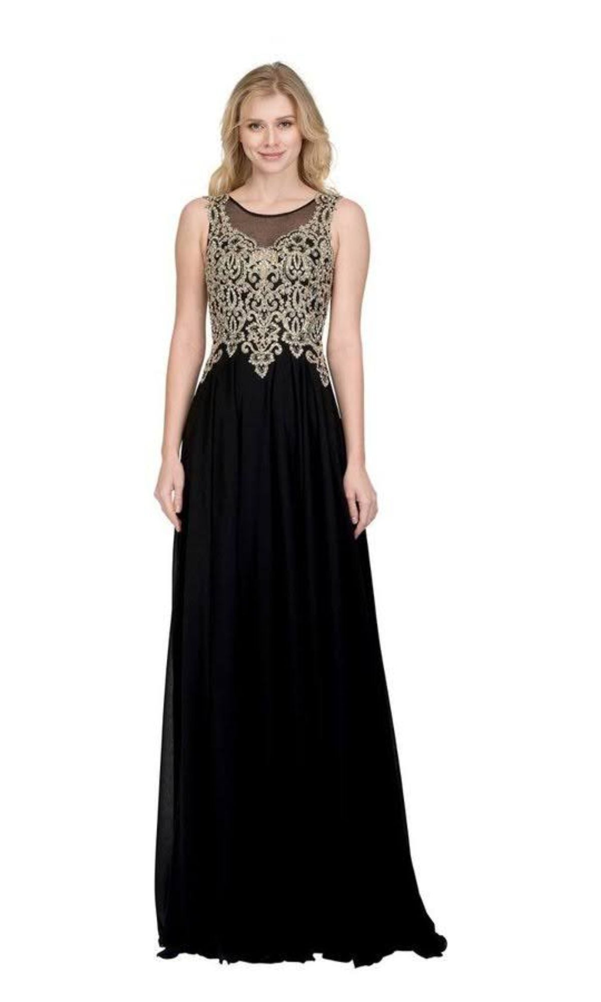 black and gold embroidered maxi dress Royal Black Crepe Dress with Diagonal Gold Embroidery main image 1