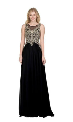 Woman wearing the Gold-Lace Bodice Long Prom Dress: Chicas C9156, featuring gold embroidered lace on the bodice, standing against a plain white background.