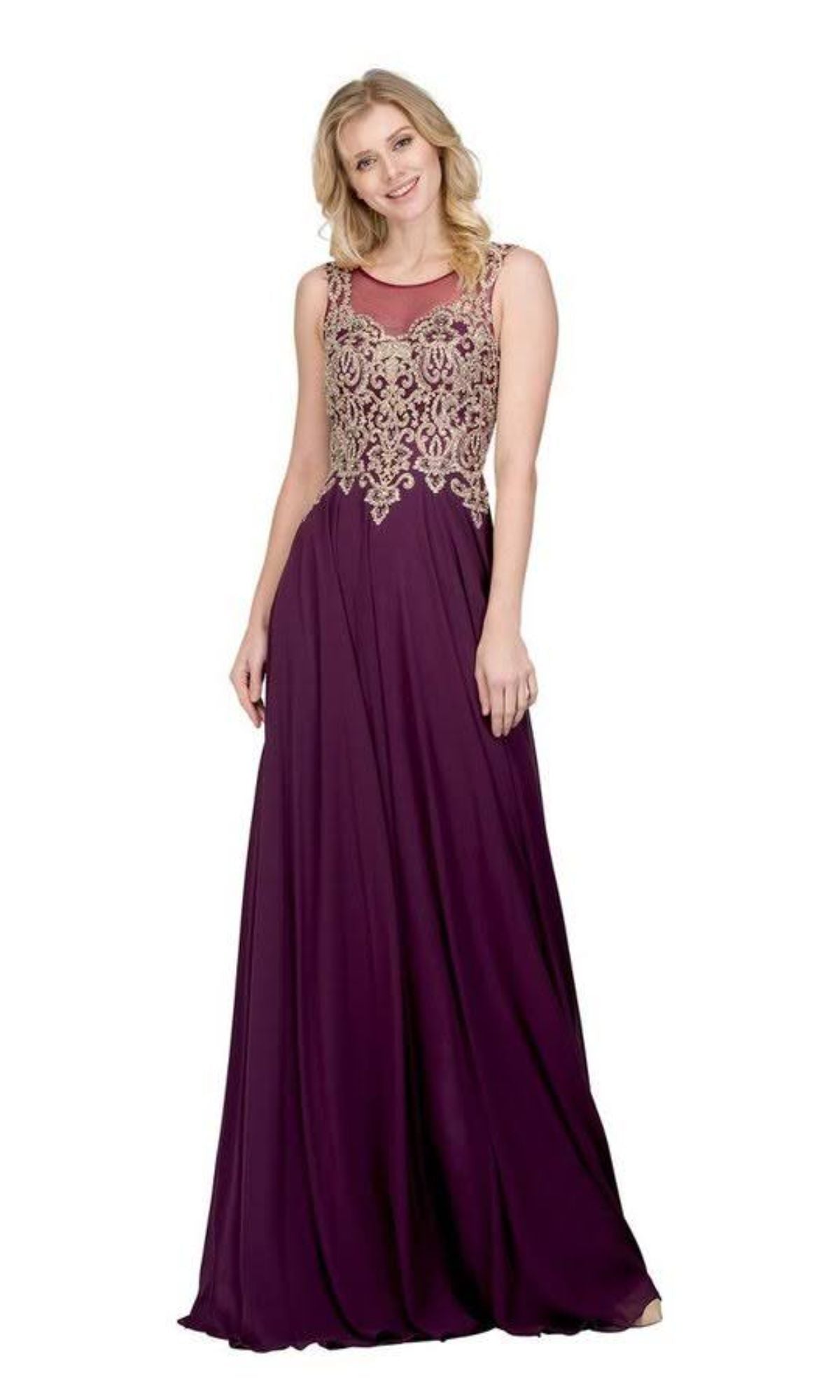 Long A-Line Prom Dress with Gold-Embroidered Bodice Plum / XLarge
