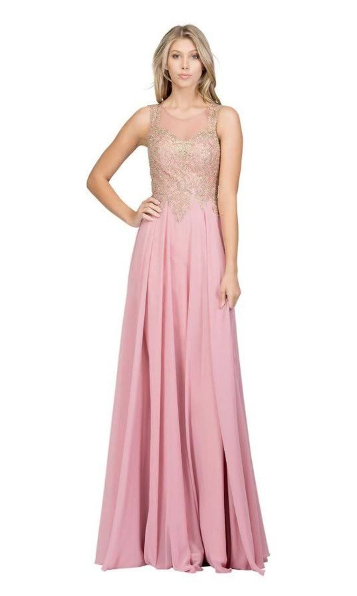 Model showcasing the Gold-Lace Bodice Long Prom Dress: Chicas C9156, a sleeveless pink A-line gown featuring gold embroidered lace on the fitted bodice, set against a white background.