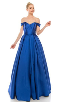 A woman in the Chicas C9197 Off-the-Shoulder Long Prom Ball Gown stands against a plain white background.