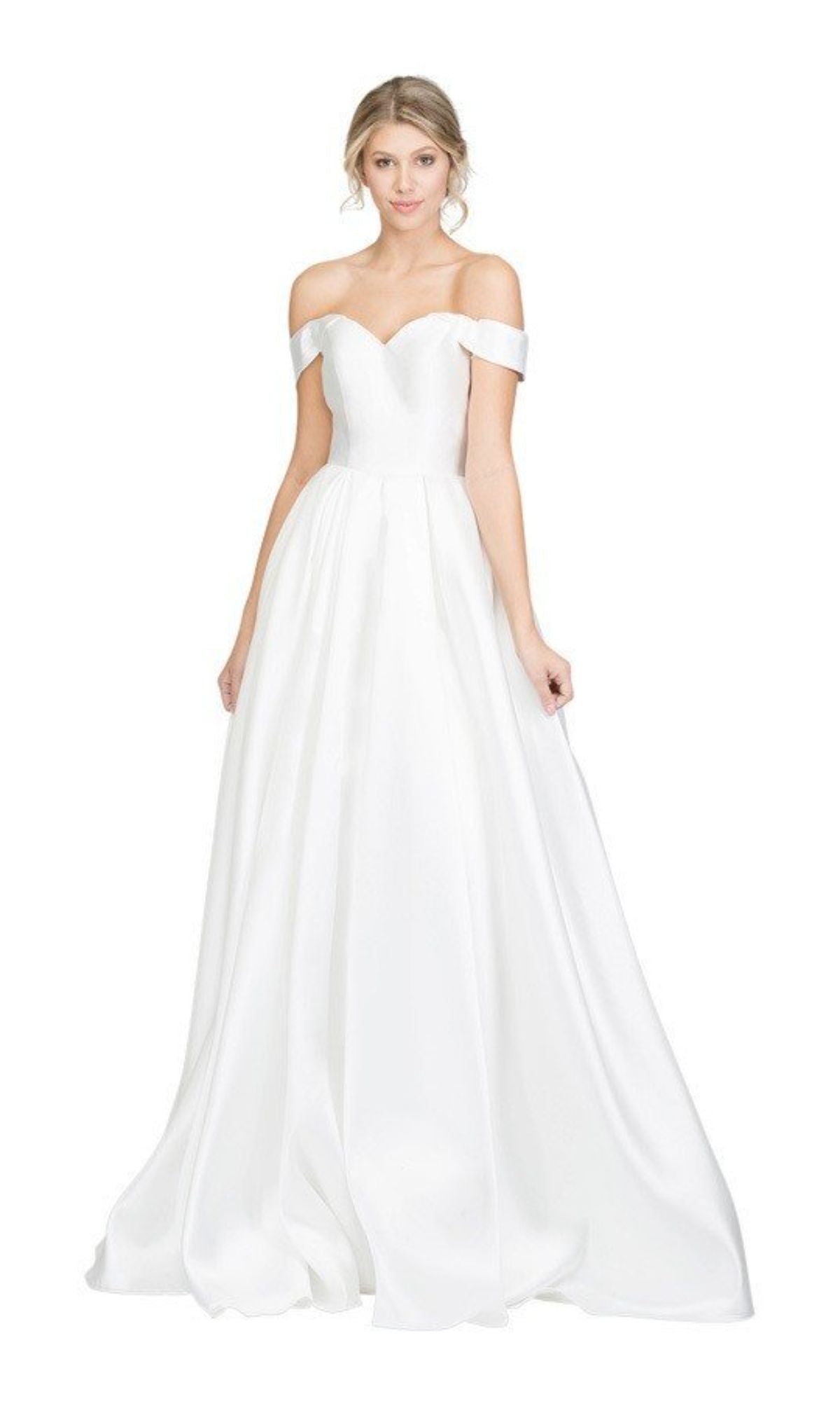 A woman models the elegant Off-the-Shoulder Long Prom Ball Gown: Chicas C9197, a fitted-bodice, full-skirted white floor-length dress, standing out against a white background.