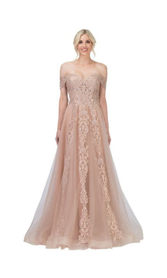 A woman in the Long Lace Prom Ball Gown: Chicas CA1103, a blush pink off-the-shoulder dress with delicate lace detailing, stands against a plain white background.