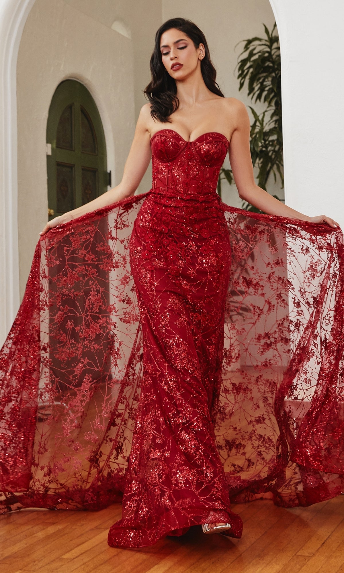Glitter-Print Strapless Corset Prom Dress CB046