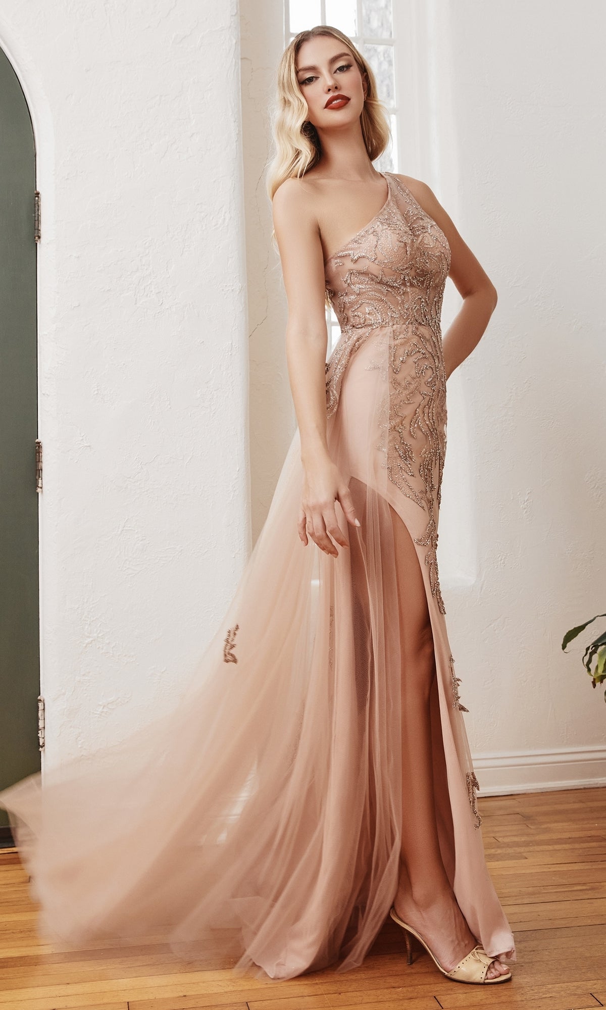 One-Shoulder Rose Gold Long Formal Gown CB098