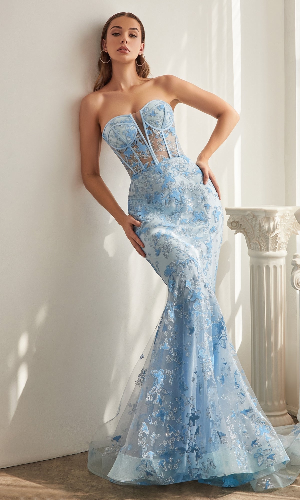 Butterfly-Print Strapless Mermaid Prom Dress CB099