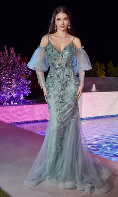 Long Green Prom Dress with Removable Sleeves- PromGirl Sea Mist / 6 Long Green Prom Dress with Removable Sleeves- PromGirl Sea Mist / 6
