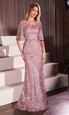 A woman stands on white steps wearing the Ladivine CB149 Bell-Sleeve Long Glitter Prom Dress, featuring a floor-length design, glittery fabric, bell sleeves, and a fitted waist.