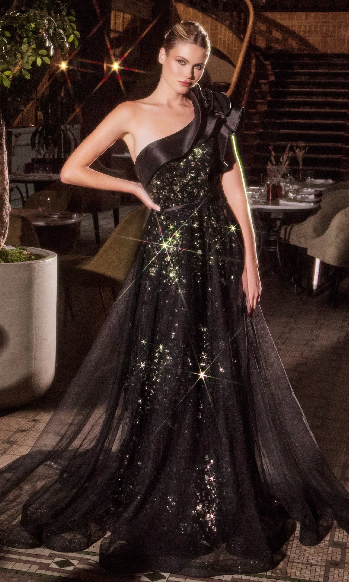 One-Shoulder Black Long Prom Dress with Gold Glitter