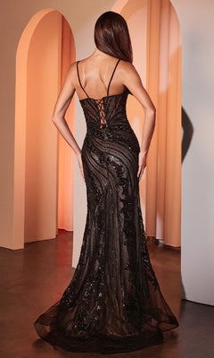 A woman faces away from the camera in the Long Beaded-Lace Prom Dress: Ladivine CC0389, featuring thin straps, intricate beaded lace, and a fit-and-flare silhouette, standing in a room with elegant arched doorways.