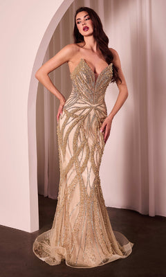 A woman models the Strapless Long Beaded Prom Dress: Ladivine CC0688, showcasing its corset bodice and floor-length beaded design as she stands indoors near an arched doorway with draped white curtains.