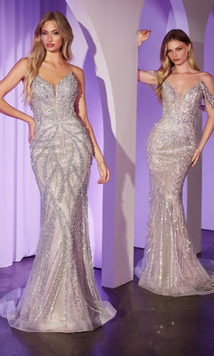 Two women pose indoors in Ladivine CC0688 Strapless Long Beaded Prom Dresses, featuring silver sequin and bead embellishments, in front of light purple curtains and arched structures.